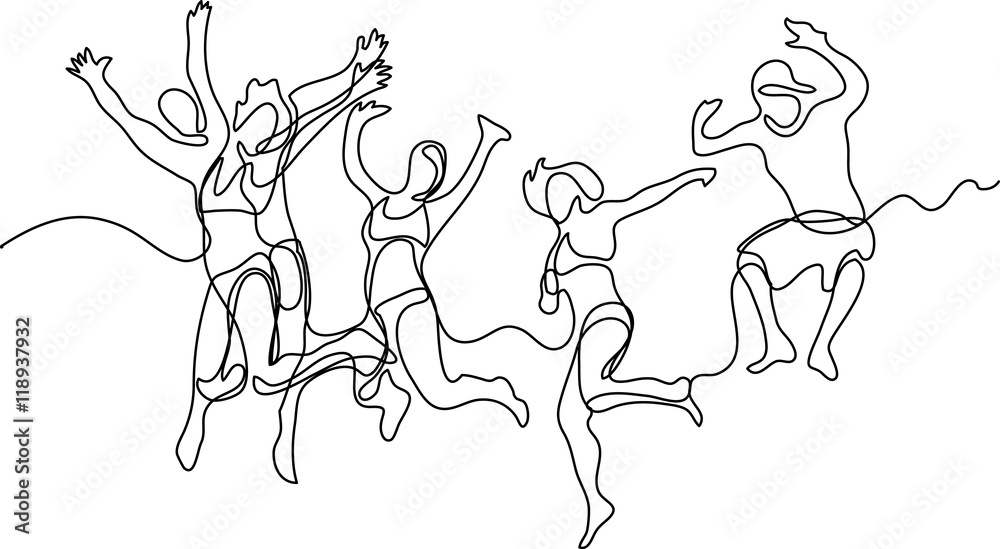 continuous line drawing of happy jumping guys