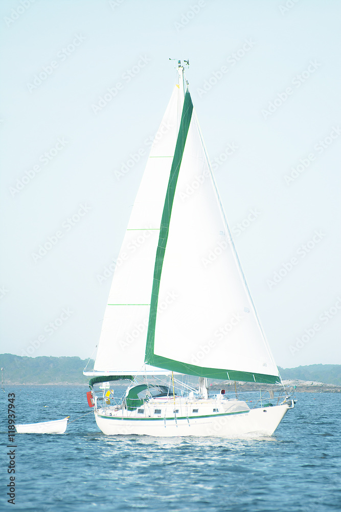Naklejka premium Calm Summer Color Blue Boat on the Ocean