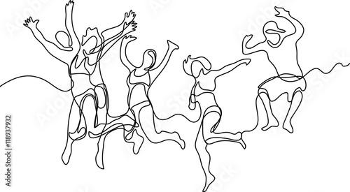 continuous line drawing of happy jumping guys