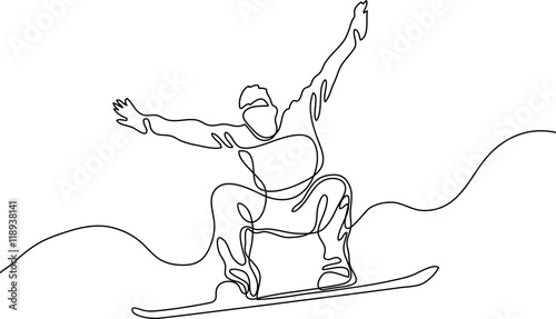 continuous line drawing jumping snowboarder