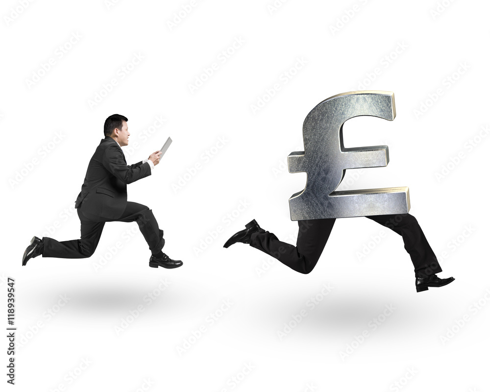 Man running after pound money symbol with human legs running Man running after pound money symbol with human legs running