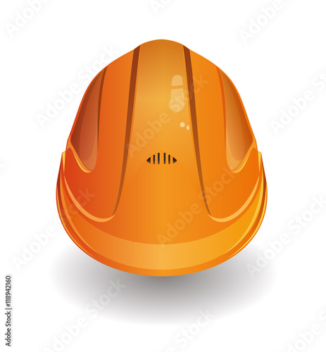 Working orange helmet, hard hat logo icon. Realistic vector illustration isolated on white background