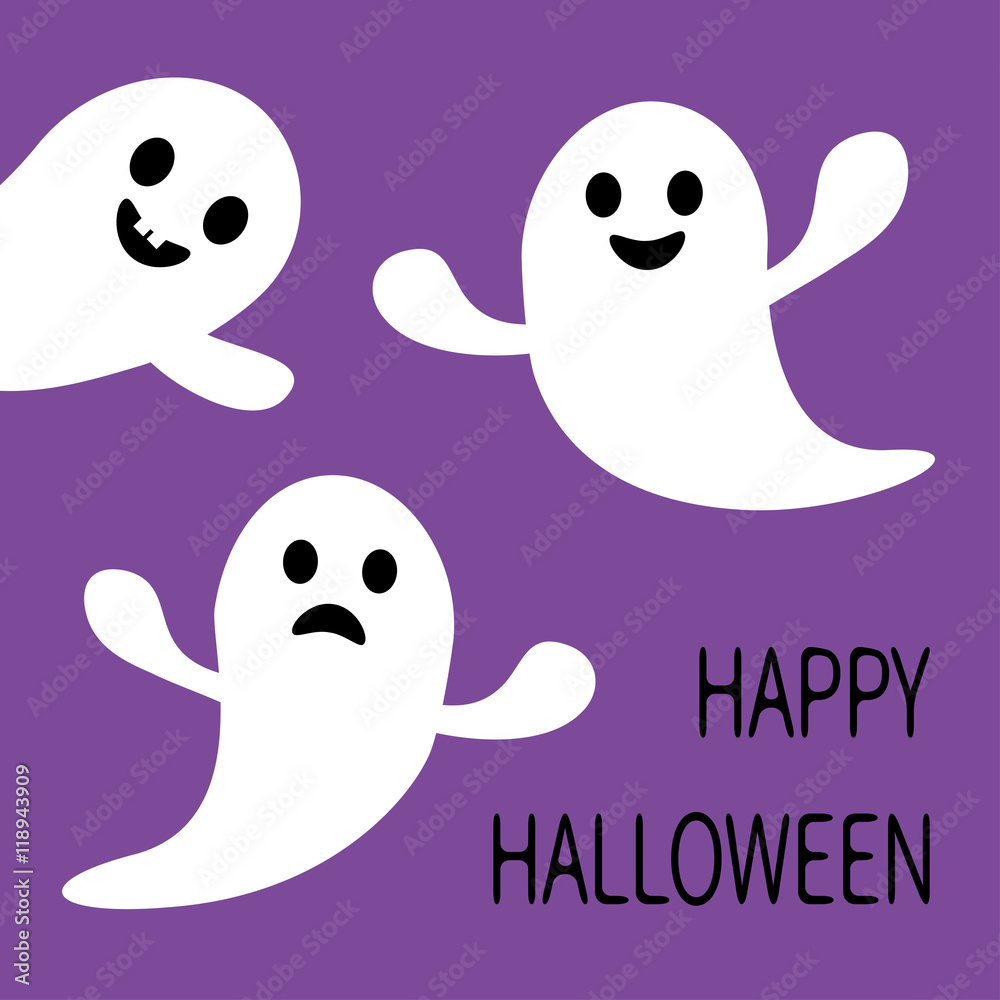 Fototapeta premium Funny flying ghost. Smiling and sad face with tooth. Happy Halloween. Greeting card. Cute cartoon character. Scary spirit. Baby collection. Violet background. Flat design.