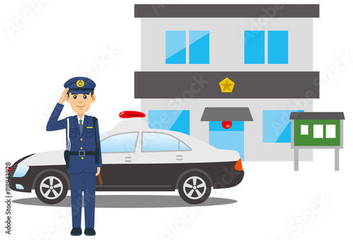 敬礼をする警察官とパトカーと交番のイメージイラスト
