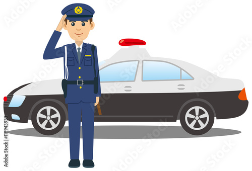 敬礼をする警察官とパトカーのイメージイラスト