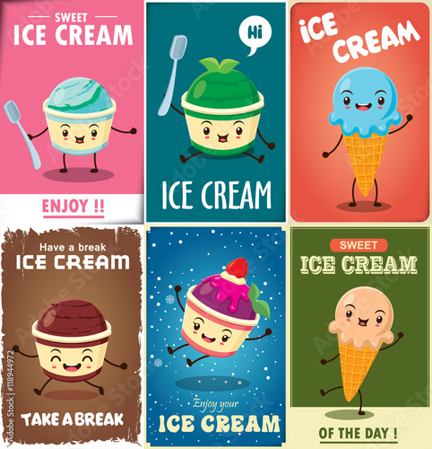 Vintage Ice Cream poster design set with ice cream character.