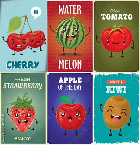 Vintage Fruit poster design set with fruit character.