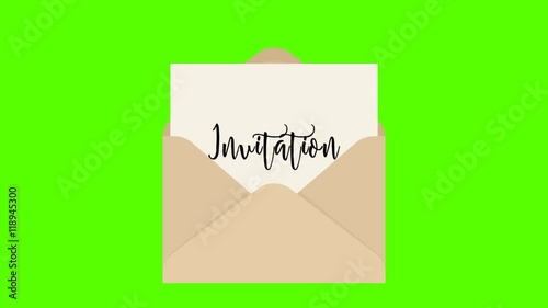 Pulling Invitation note card out of an envelope against white and green background