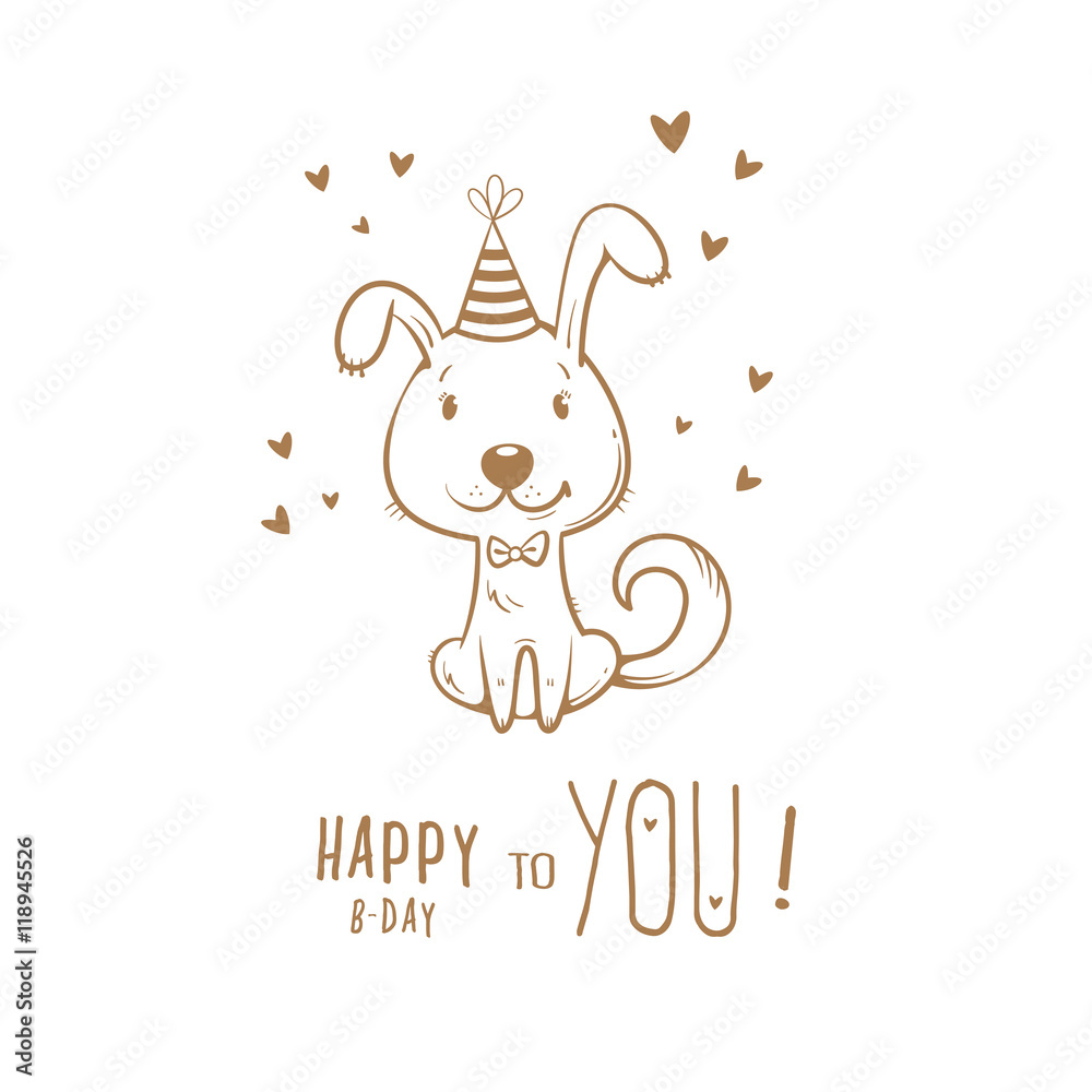 Birthday card with cute cartoon dog in party hat. Vector contour image