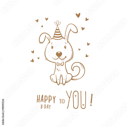 Birthday card  with cute cartoon dog in  party hat. Vector contour  image no fill. Little puppy. Funny animal.