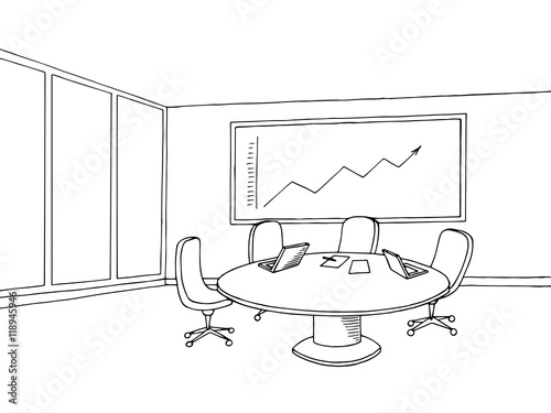 Office meeting room interior black white graphic art sketch illustration vector