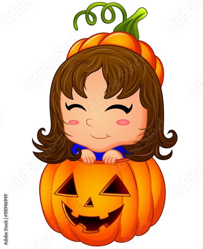 Happy girl inside pumpkin cartoon