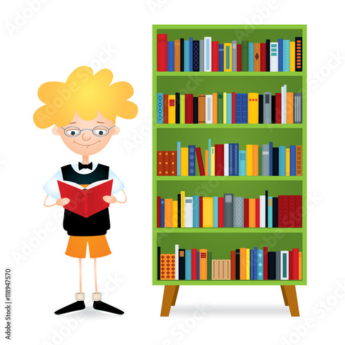 Vector colorful illustration of a boy with eyeglasses standing near a green bookcase full of books and reading. The kid wearing black sweater vest, orange shorts and bow tie. Isolated on white.