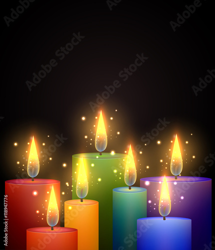 Vector illustration with rainbow candles and sparks.