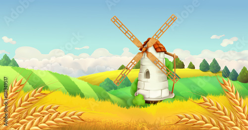 Wheat field. Windmill landscape. Horizontal background, vector