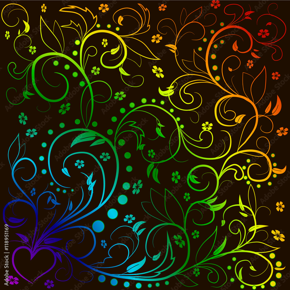 Rainbow leaves with abstract swirls, leaves, flowers and hearе on a black background. Can be used as a background, decor, decoupage, textile, invitation.