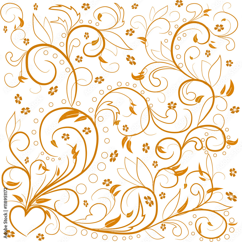 Beige leaves with abstract swirls, leaves, flowers and hearе on a white background. Can be used as a background, decor, decoupage, textile, invitation. Beige leaves with abstract swirls, leaves, flowers and hearе on a white background. Can be used as a background, decor, decoupage, textile, invitation.