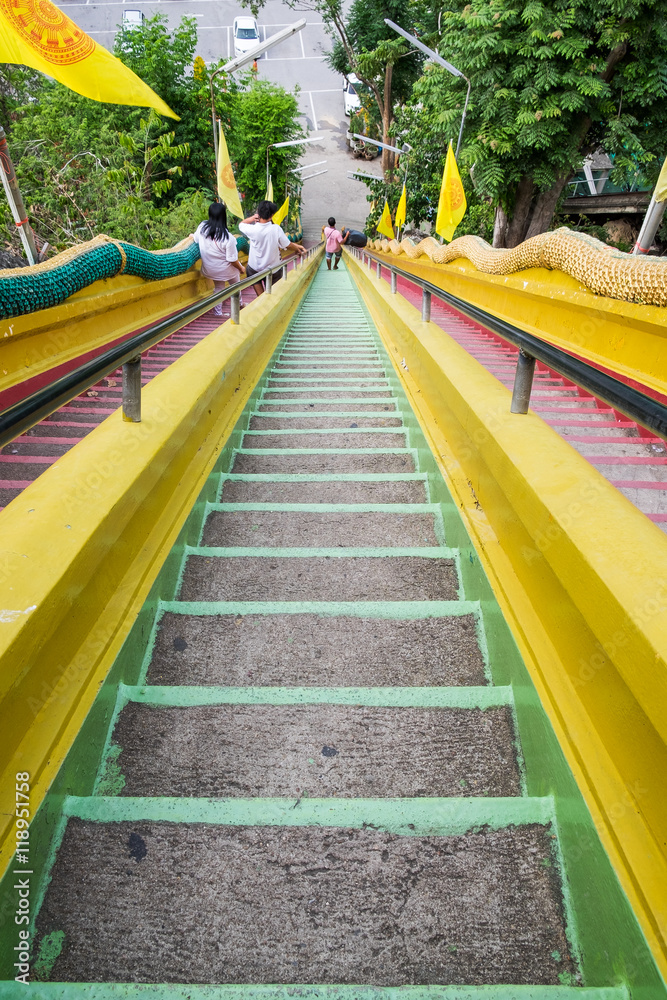 Down staircase green yellow in temple