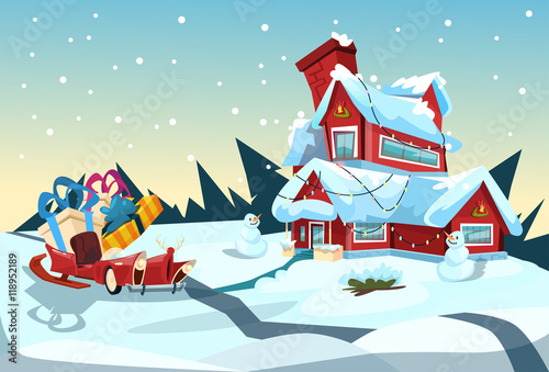 Santa Claus Sleigh Near House Christmas Celebration New Year Greeting Card
