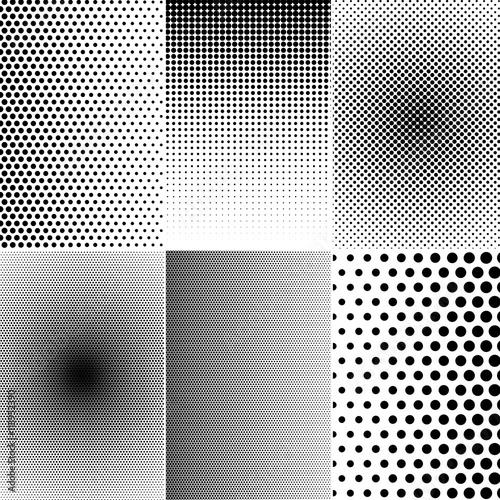 Set of basic halftone dots effects in black and white color. Dots halftones collage.