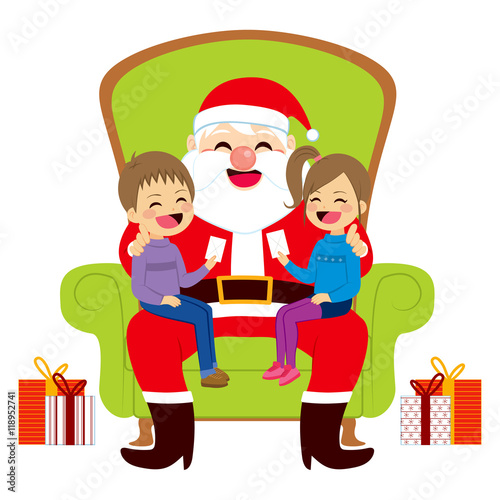Two cute siblings kids sitting on old Santa Claus lap giving him letters with Christmas wishes