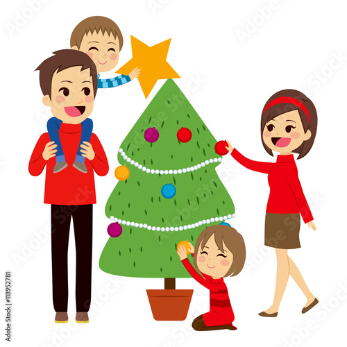 Happy family decorating big...