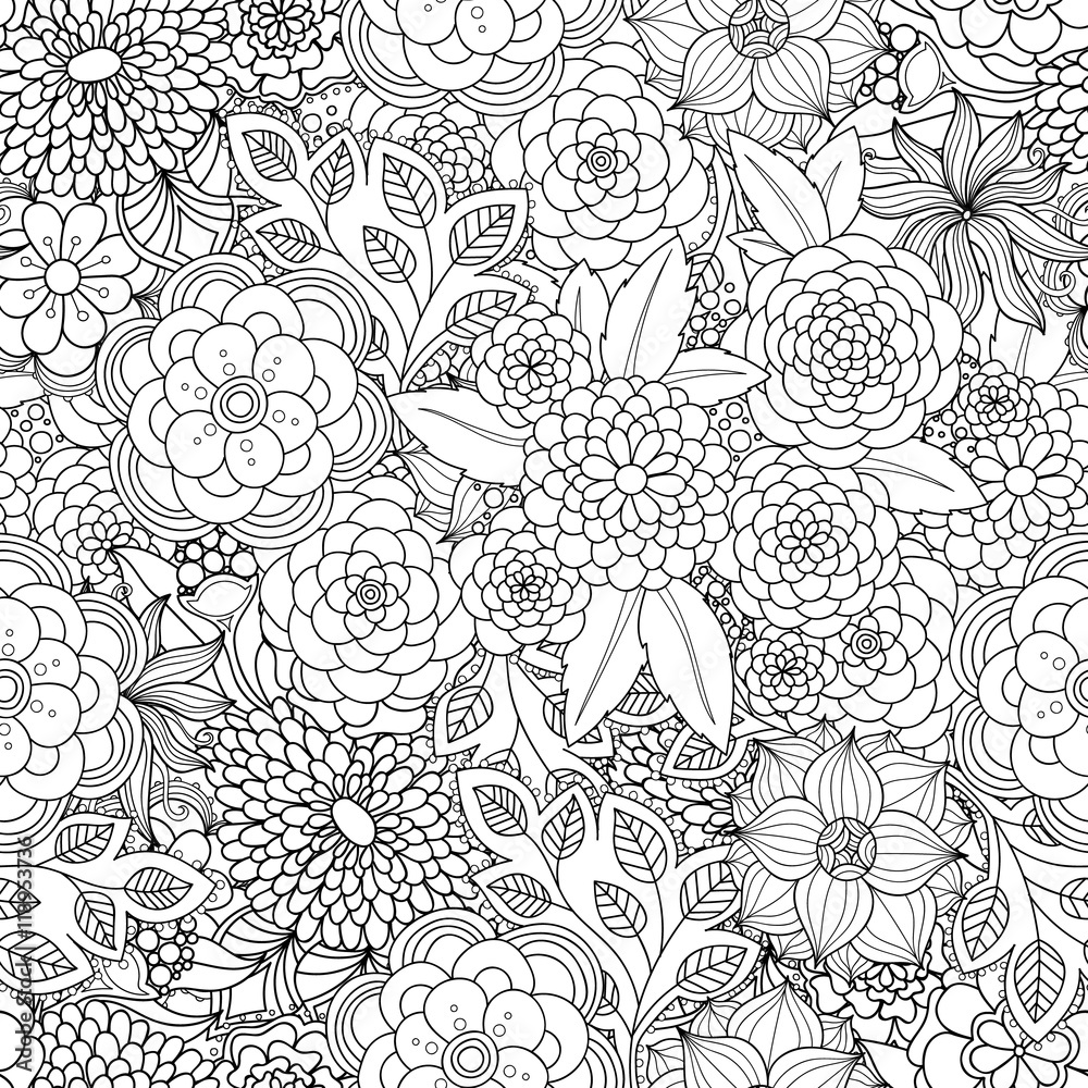 Doodle flowers seamless pattern.
Zentangle style flowers and leaves background. Black and white hand drawn herbal pattern.