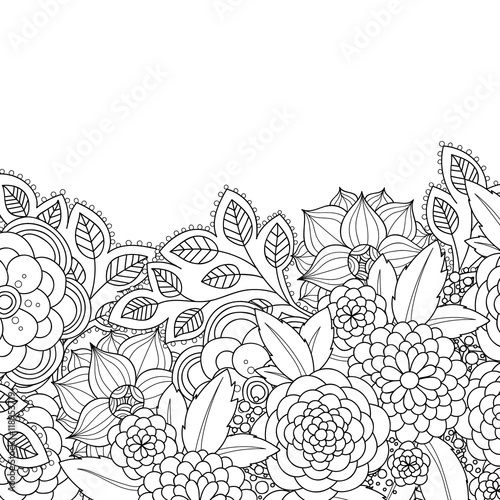 Doodle flowers and leaves invitation card.
Template flowers frame design for card. Decorative hand drawn vector element border.