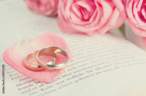 Golden rings on pink rose petal on opened book