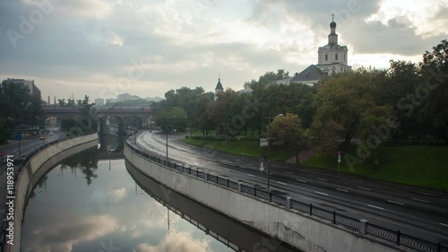 Moscow, the River Yauza, Kostomarovskaya and Andronevskaya Embankments. Early morning view of the Sobor Spasa Nerukotvornogo. Timelapse. photo