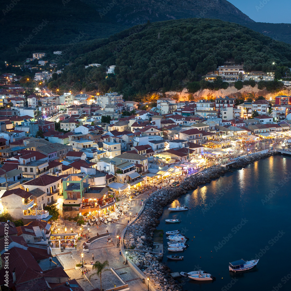 The harbor of Parga by night, Greece, Ionian Islands