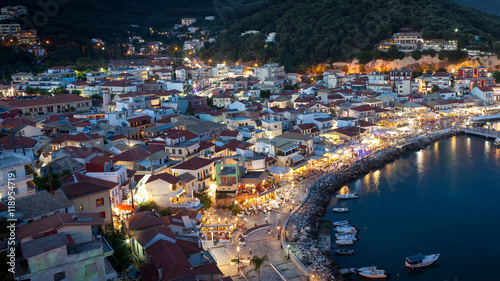 Lights of Parga Greek village by night, Greece, Ionian Islands