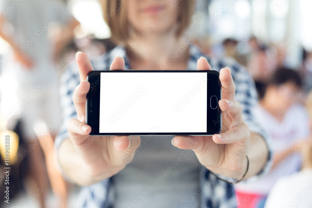 Girl using modern phone with blank screen. Girl using modern phone with blank screen.