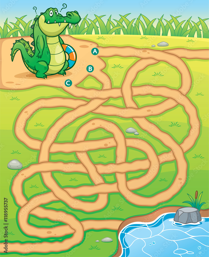 Naklejka premium Vector Illustration of Education Maze Game Crocodile to pond
