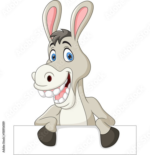 Cartoon funny donkey holding blank sign 