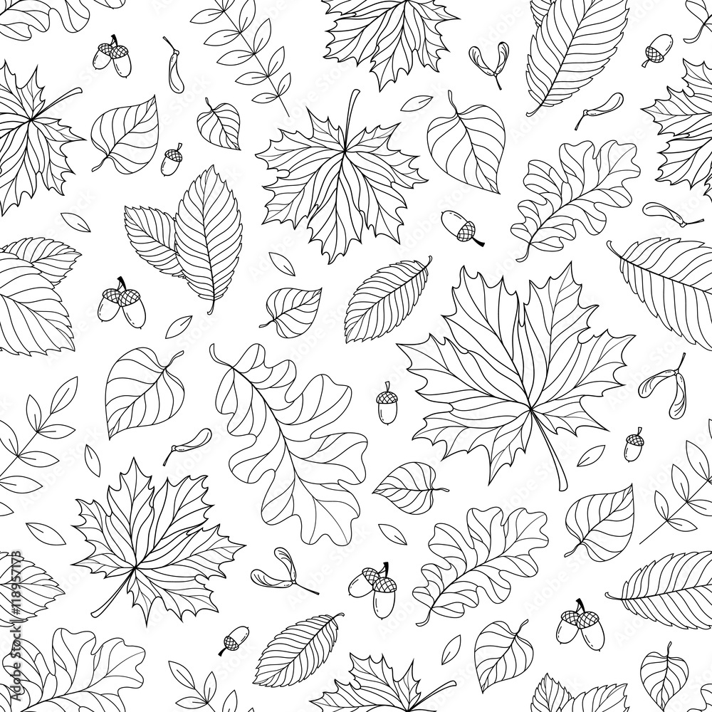 Autumn seamless pattern with seeds and leaves
