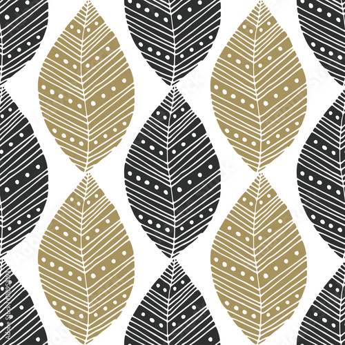 Bohemian eamless pattern with black and gold ethnic leaves. Vector textile swatch or packaging design. Tribal design