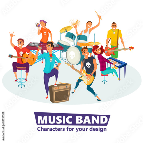 Cartoon music band. Concept music character design. Vector illustration