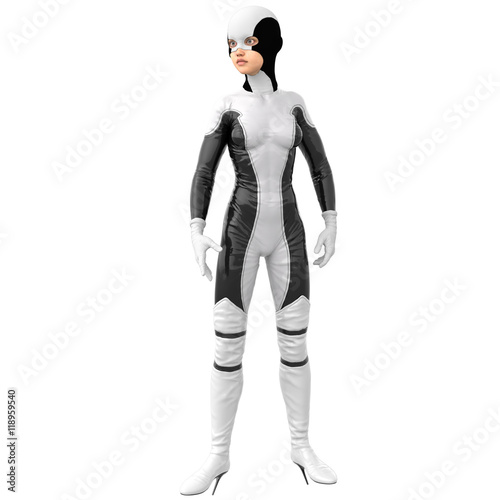 one slim girl in black and white superhero super suit. Stands in a threatening pose. Head turned to the right © Kaselmeyk