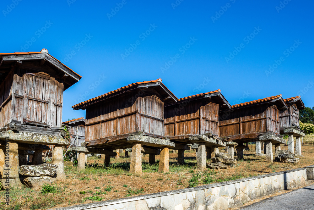 Horreos (granaries) of A Merca, the highest concentration of horreos in Galicia (Spain)