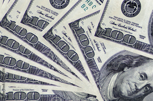 Tableau sur toile 100 (one hundred ) dollars . A fragment of the bills .