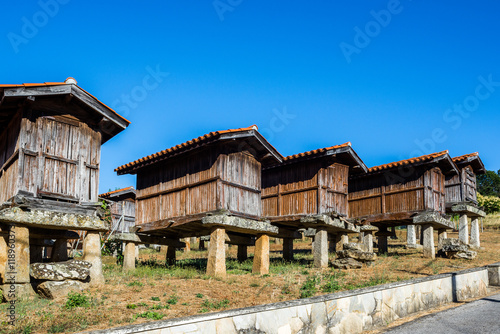 Horreos  granaries  of A Merca  the highest concentration of horreos in Galicia  Spain 