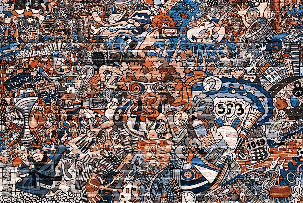 Sports collage on a large brick wall, graffiti - obrazy, fototapety, plakaty 