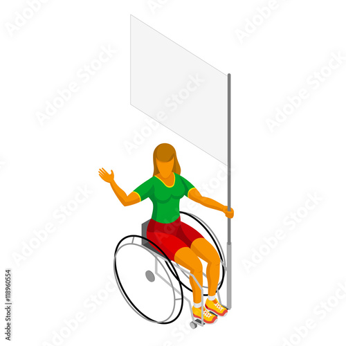 Physically disabled isometric female flag bearer with blank standard