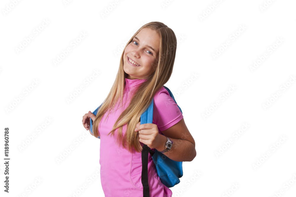 isolated girl with the backpack on back to school isolated girl with the backpack on back to school