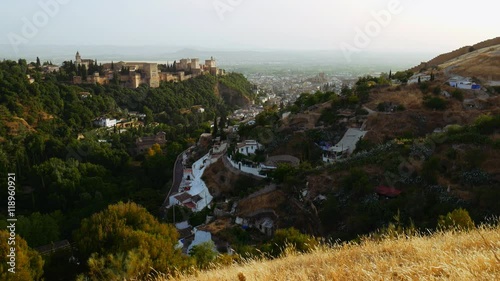 Beautiful view of Granada city in Spain with a famous alhambra tourist attraction on a hill