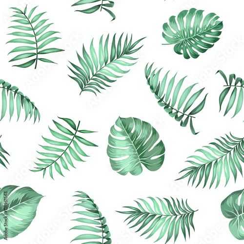 Topical palm leaves on seamless pattern for fabric texture. Vector illustration.