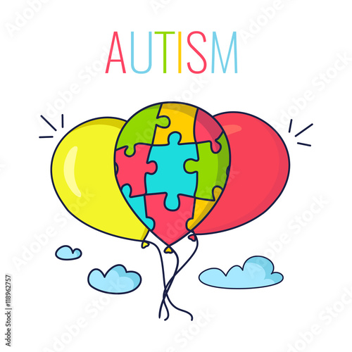 Autism awareness poster with colorful balloons. Balloon made of puzzle pieces as symbol of autism. Vector illustration.