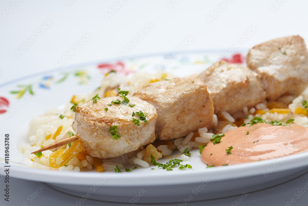 rice with chicken kebab