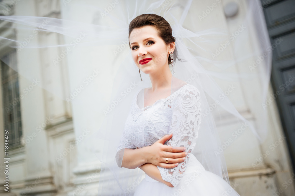 Beautiful smiling bride portrait near architecture.